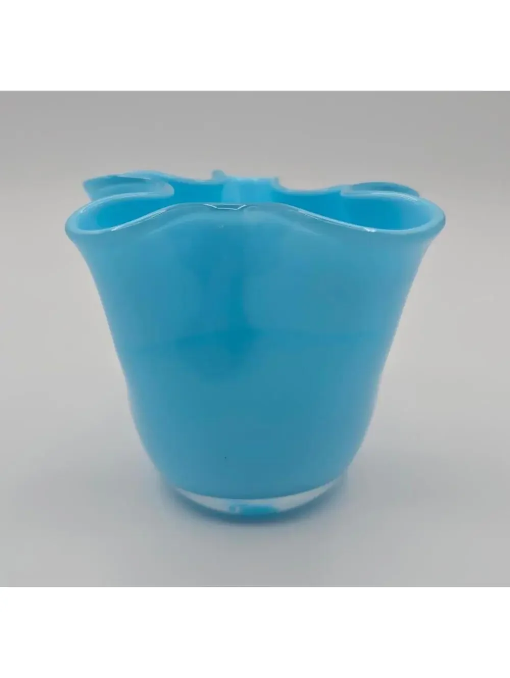 Vintage Fenton Turquoise Blue Opaque Crimped Rim Vase Hand Blown Art Glass 4”